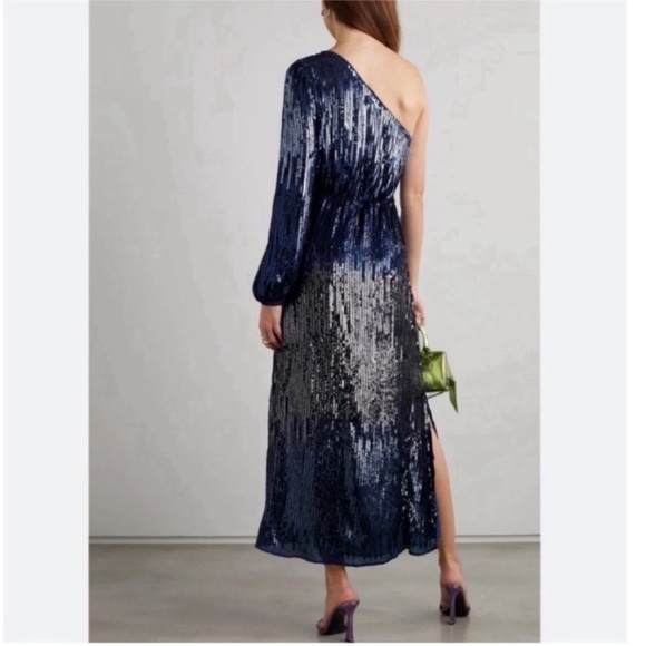 RIXO London Bradshaw Sequin beaded Dress One Sleeve Ombre Blue Metallic 8 NWT - Picture 3 of 11